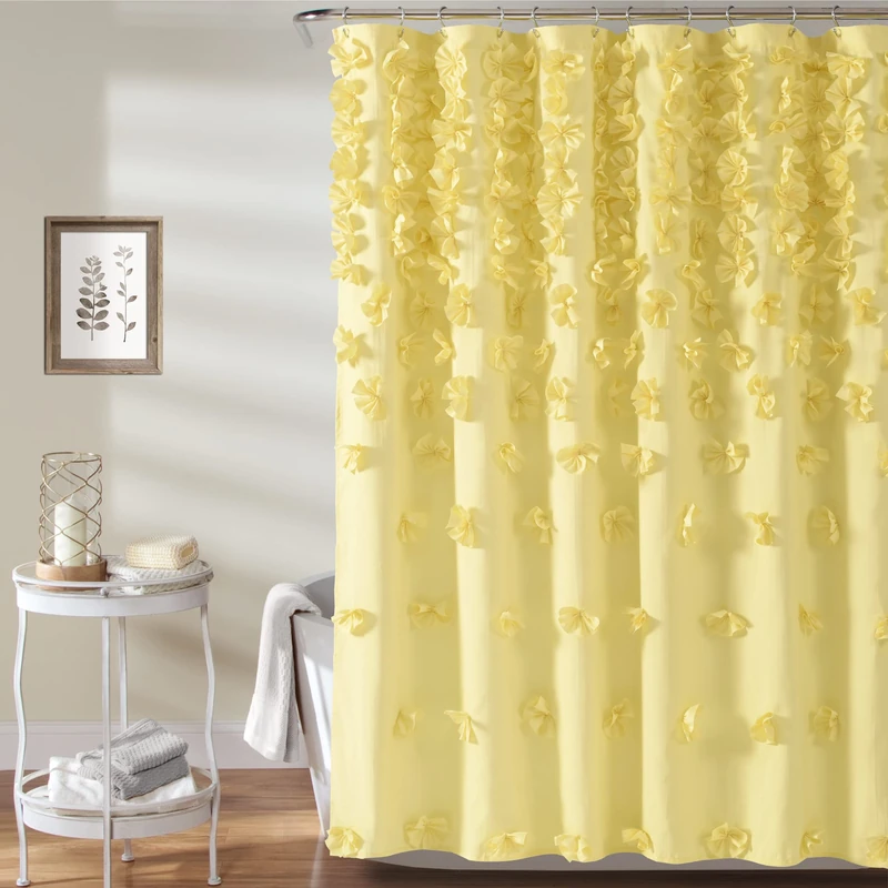 Lush Decor Riley Shower Curtain, 72" W x 72" L, Yellow - Luxury Shower Curtain With Bows - Charming Texture - Beautiful & Elegant Girly Bathroom Accessory - Romantic, Vintage Glam Bathroom Decor