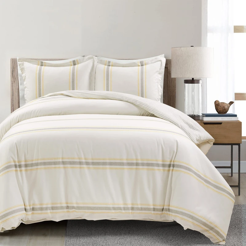 Lush Decor Farmhouse Stripe Reversible 100% Cotton Duvet Cover Set - 3 Piece Cozy Pinstripe Bedding Set - Classic Modern Rustic Charm Bedroom Decor - Full/Queen, Yellow & Gray