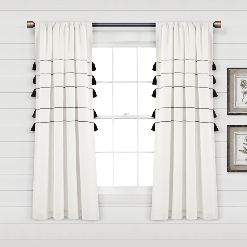 Lush Decor Farmhouse Boho Stripe Woven Tassel Yarn Dyed Cotton Window Curtain Panel Pair, 63" L x 42" W, Ivory & Black