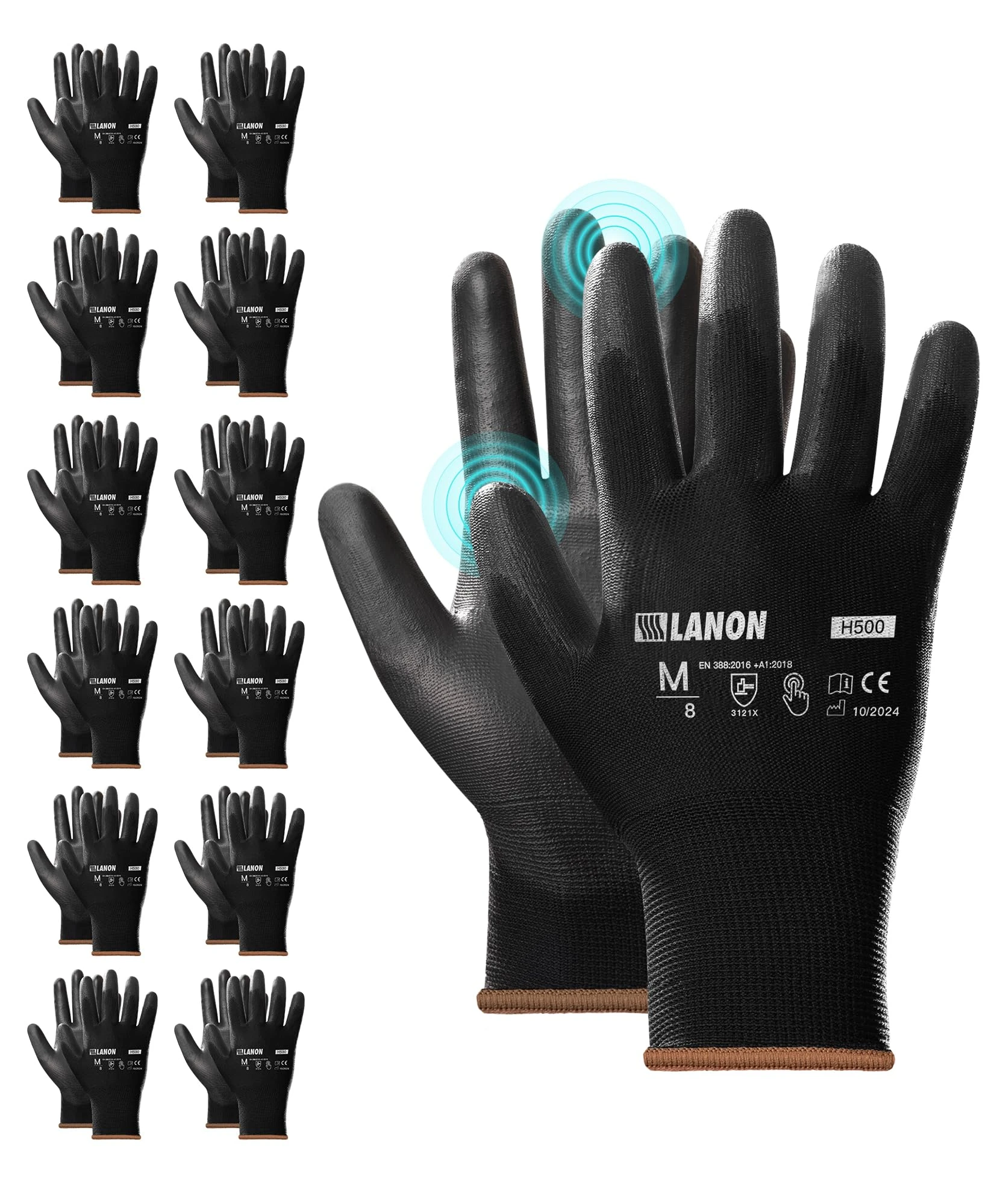 LANON 12 Pairs Black Safety Work Gloves, PU Coated, Multipurpose Working Gloves for Men, Seamless Knit, Power Grip, EN 388, XL/10