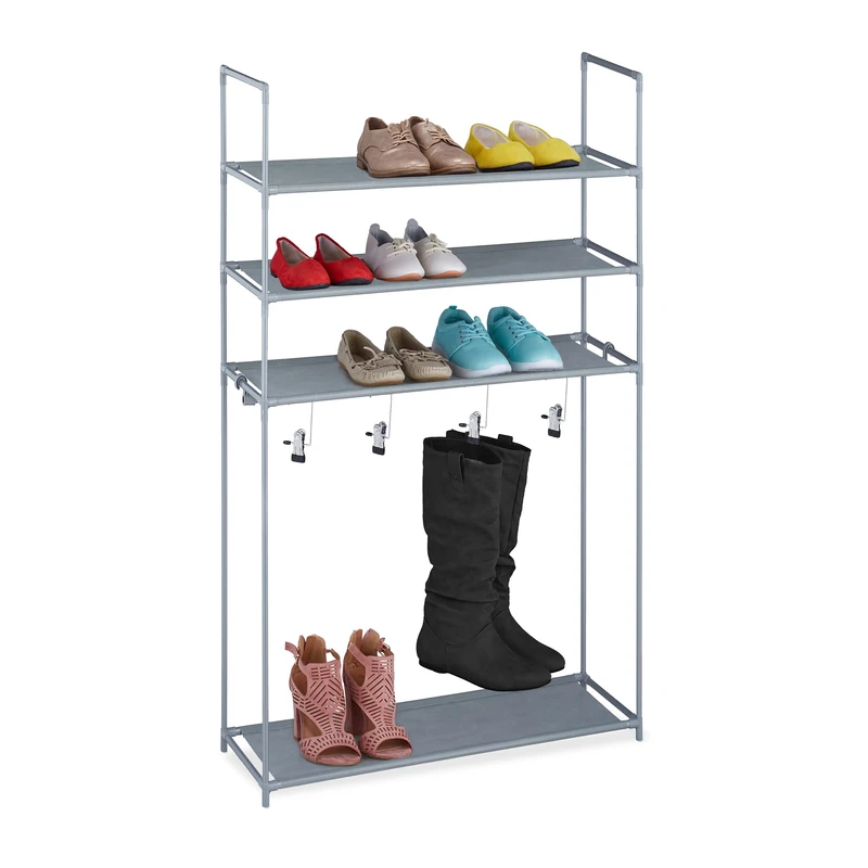Relaxdays Rack 4 Levels, 13 Pairs of Shoes, 4 Boot Hooks, Plug-in System, Metal & Fabric, Hallway Storage, Grey, 60% Steel Fleece 20% Plastic, 119 x 60 x 30 cm