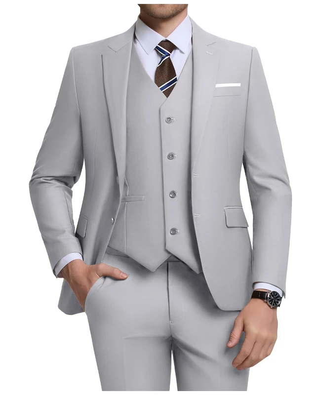 Holivyer Men's 3 Piece Slim Fit Suit Set, Two Button Blazer Solid Jacket Vest Pants Wedding Business Suit, Grey, XL