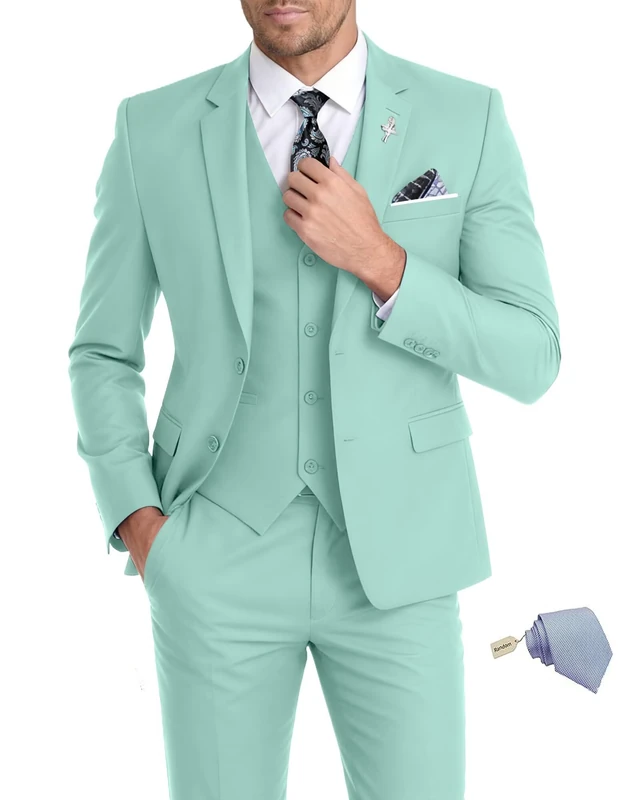 Men's 3 Piece Suit Set Slim Fit 2 Button Jacket Vest Pants Tie for Party, Wedding, Business, Mint Green, Large - Image 1