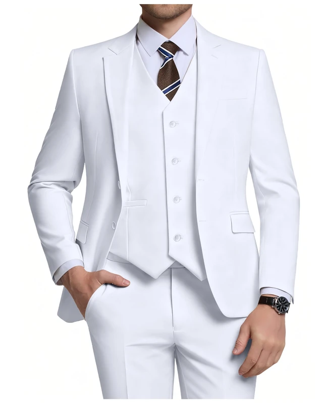Holivyer Men's 3 Piece Slim Fit Suit Set, Two Button Blazer Solid Jacket Vest Pants Wedding Business Suit, White, XS