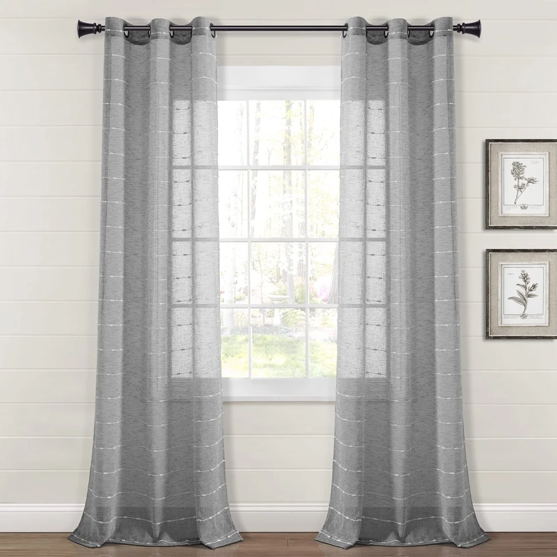 Lush Decor Farmhouse Textured Grommet Sheer Window Curtain Panel Pair, 84" L x 38" W, Dark Gray