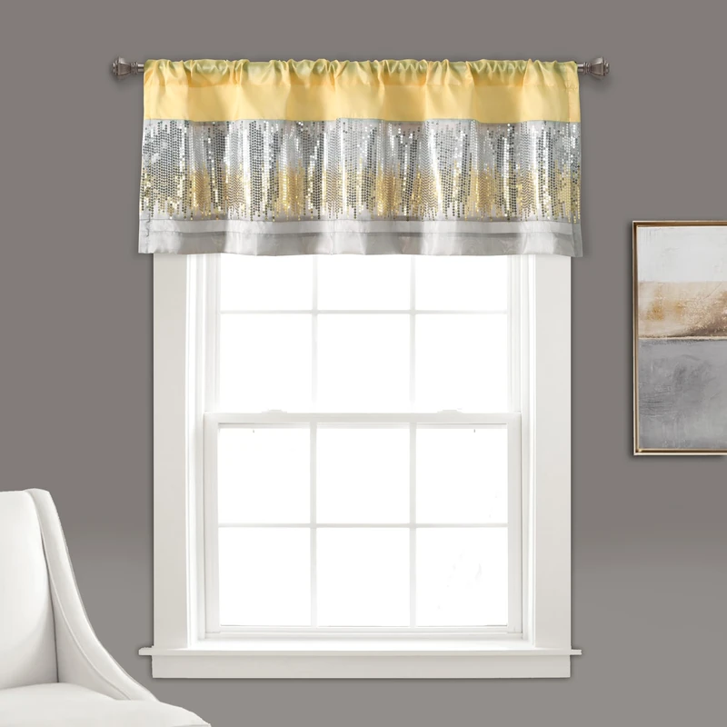 Lush Decor Night Sky Valance, Single, 52" W x 18" L, Yellow & Gray - Sequin Curtain - Sparkle & Color Block - Kitchen Curtain Valance - Modern Glam Decor - Bathroom Or Kitchen Valance For Windows - Image 1
