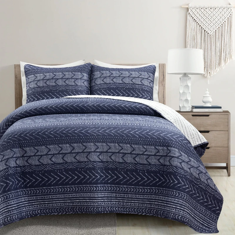 Lush Decor Hygge Geo Cotton Reversible Oversized 3 Piece Quilt Set, Navy, King