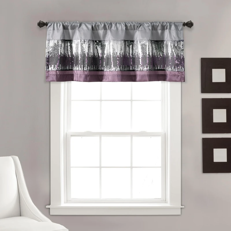 Lush Decor Night Sky Valance, Single, 52" W x 18" L, Purple & Gray - Sequin Curtain - Sparkle & Color Block - Kitchen Curtain Valance - Modern Glam Decor - Bathroom Or Kitchen Valance For Windows