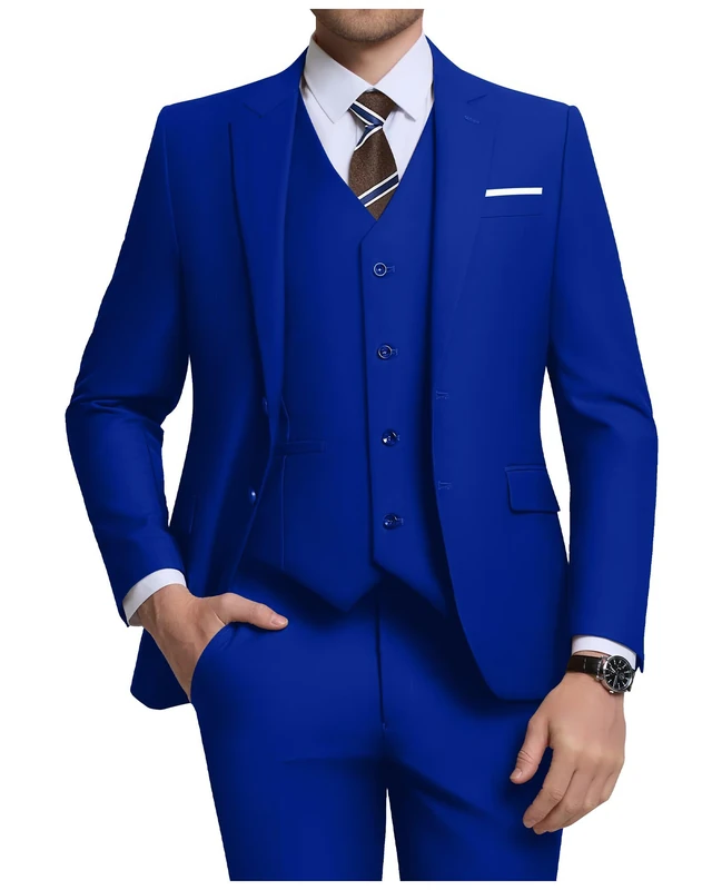 Holivyer Men's 3 Piece Slim Fit Suit Set, Two Button Blazer Solid Jacket Vest Pants Wedding Business Suit, Royal Blue, XL