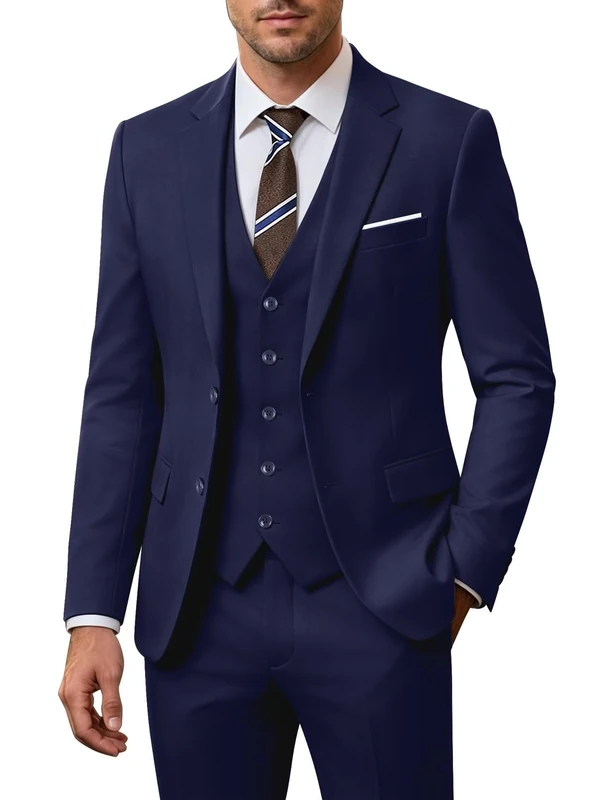 Holivyer Men's 3 Piece Slim Fit Suit Set, Two Button Blazer Solid Jacket Vest Pants Wedding Business Suit, Navy, L