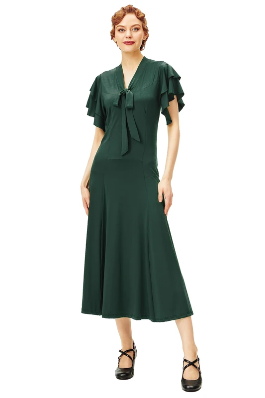 BABEYOND Womens Vintage Flapper Dress 1920s Ruffle Cocktail Party Dresses Tie Neck, Dark Green, X-Large