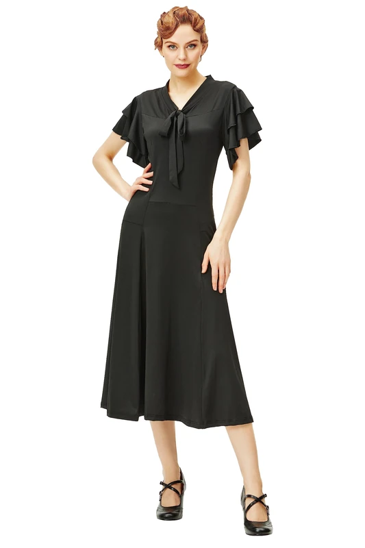 BABEYOND Womens Vintage Flapper Dress 1920s Ruffle Cocktail Party Dresses Tie Neck, Black, Large