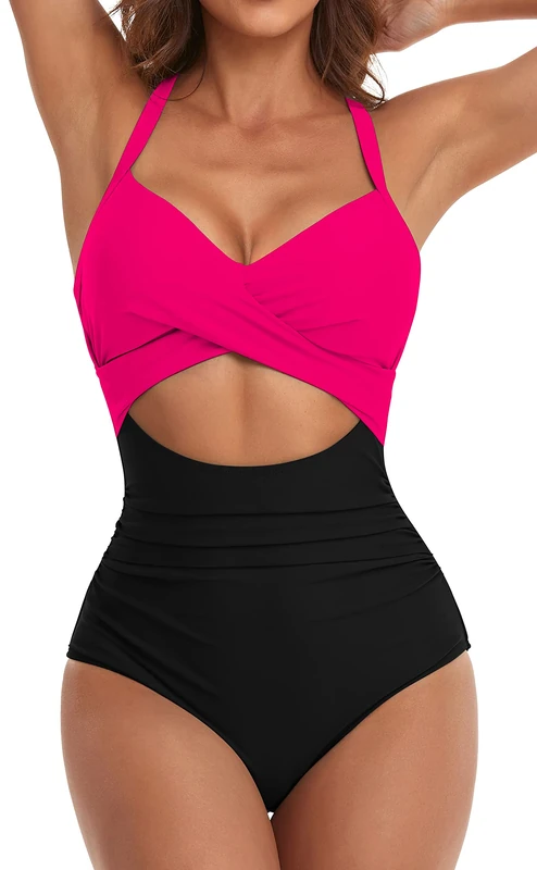 Eomenie Women's One Piece Swimsuit Wrap Cutout Tummy Control High Waisted Back Tie Knot Bathing Suit, Hot Pink Black, Large