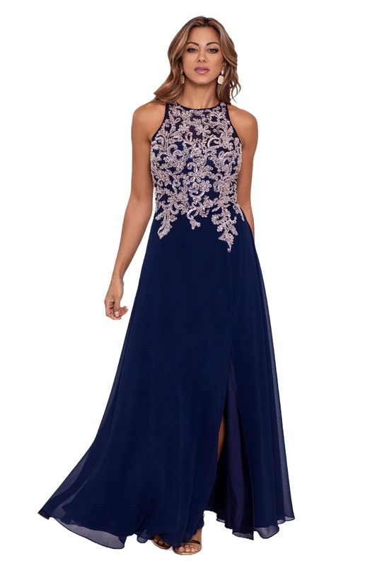 Betsy & Adam Women's Long Chiffon Beaded Halter Dress with Open Back, Navy/Rose, 18