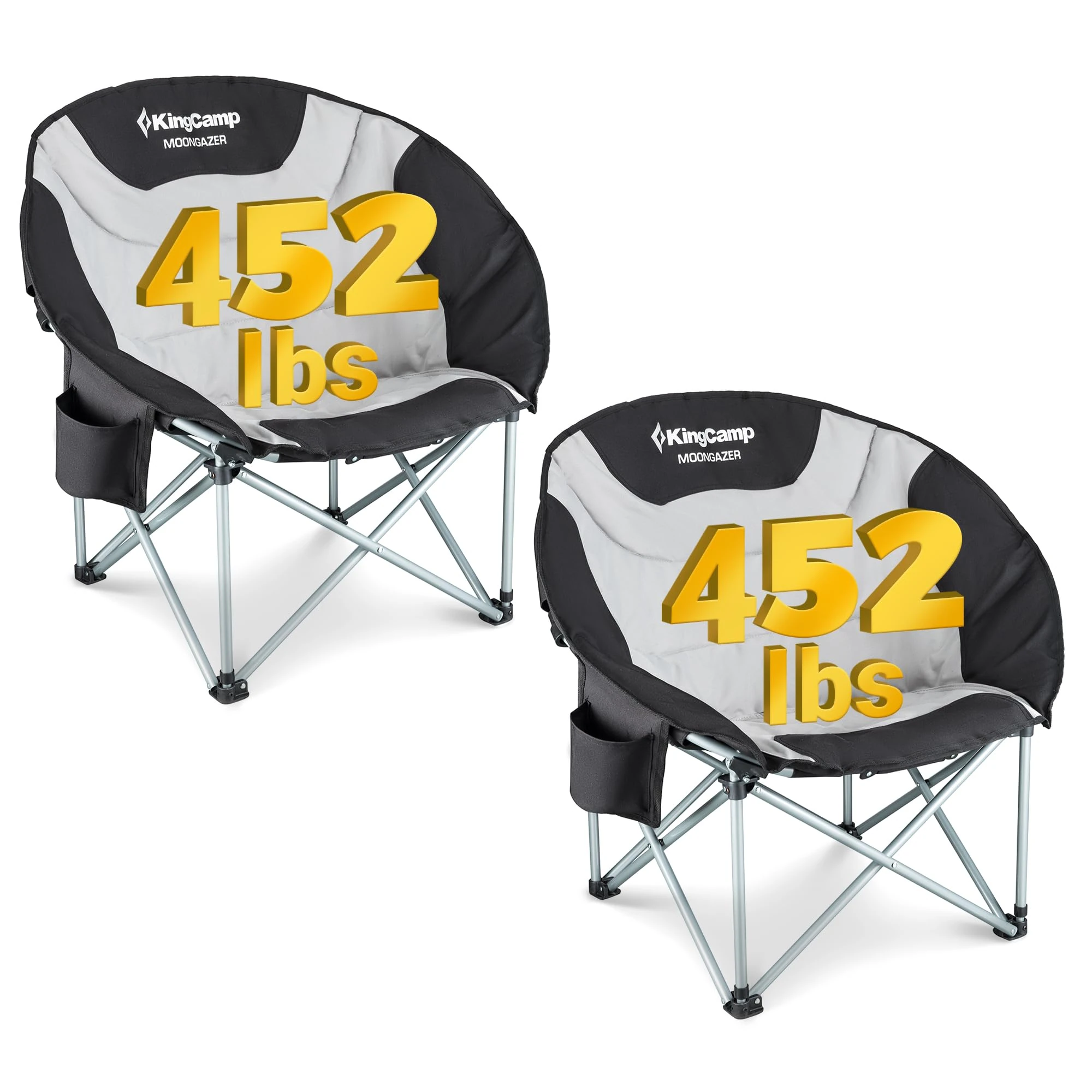 KingCamp Set of 2 Moon Chair for Adults with Cooler Bag Folding Camping Chair XXL Padded Heavy Duty Portable for Heavy People for Garden Fishing Beach Outdoor Indoor supports 205KG