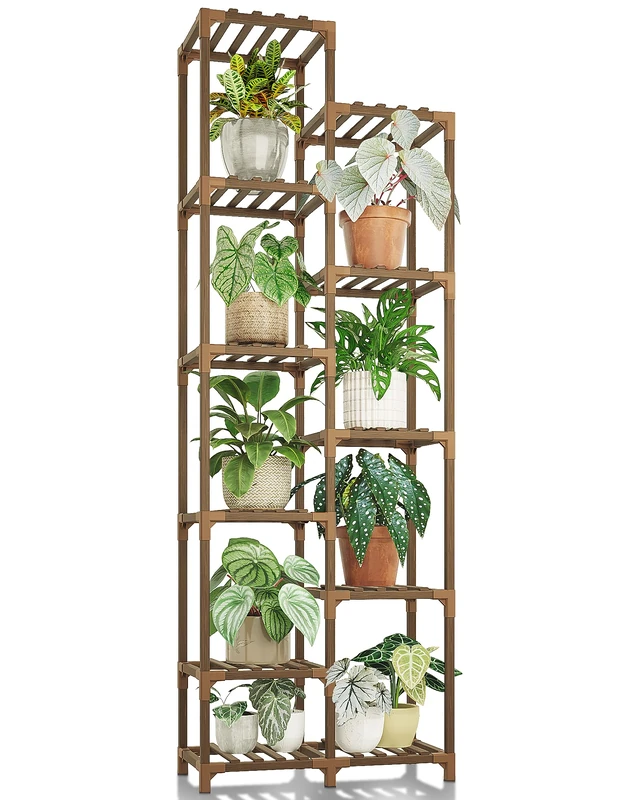 Bamworld Plant Stand Indoor Outdoor, 11 Tire Tall Large Wood Plant Shelf Multi Tier Flower Stands,Garden Shelves Wooden Plant Display Holder Rack for Living Room Corner