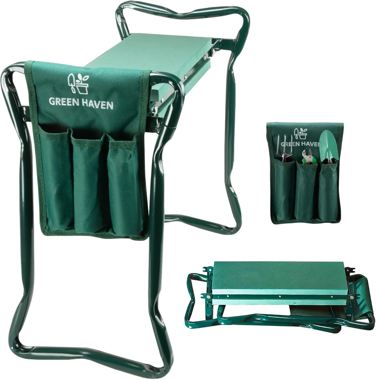 Green Haven Garden Kneeler Seat with Handles & Tool Bag – Heavy‑Duty Foldable Kneeling Stool for Gardening – EVA Foam Padded Garden Kneeling Pad, Gift for Gardeners & Elderly