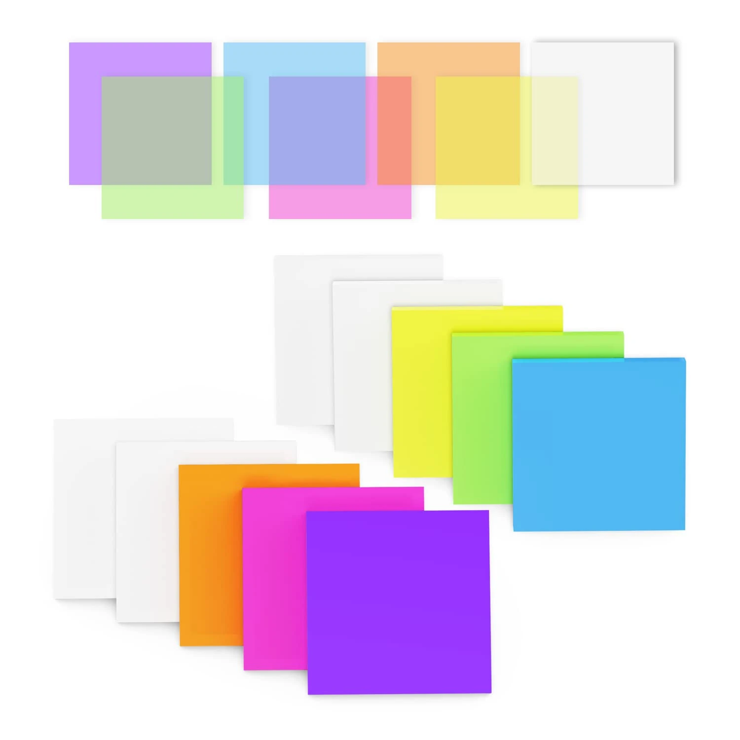 Transparent Sticky Notes-500 Sheets Waterproof Translucent Color Memo Pad3 x 3 inch -50 Sheets Per Pad, 6 Colorful Pads,4 Transparent Scratch Pads,10 Pads in Total (7 Colors)