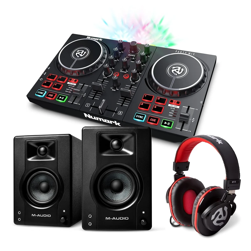 DJ Controller Bundle - Numark Party Mix MKII DJ Set with DJ Mixer and Audio Interface, M-Audio BX3 3.5" Studio Monitor Speakers and DJ Headphones