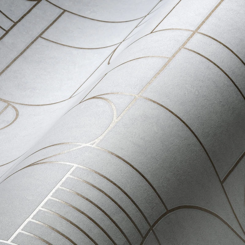 Livingwalls Home Spa 386992 Geometric Art Deco Wallpaper White Home Spa Non-Woven Wallpaper 10.05 x 0.53 m Made in Germany, White, Gold, 10.05 m x 0.53 m