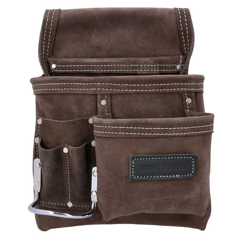 TOUGH MASTER Tool Belt Pouch, 3 Multi Pockets Suede Leather Nail Work, DIY Organiser for Builders, Carpenters, Gardeners, Electricians, Brown, 25 X 29cm (Single Tool Pouch)