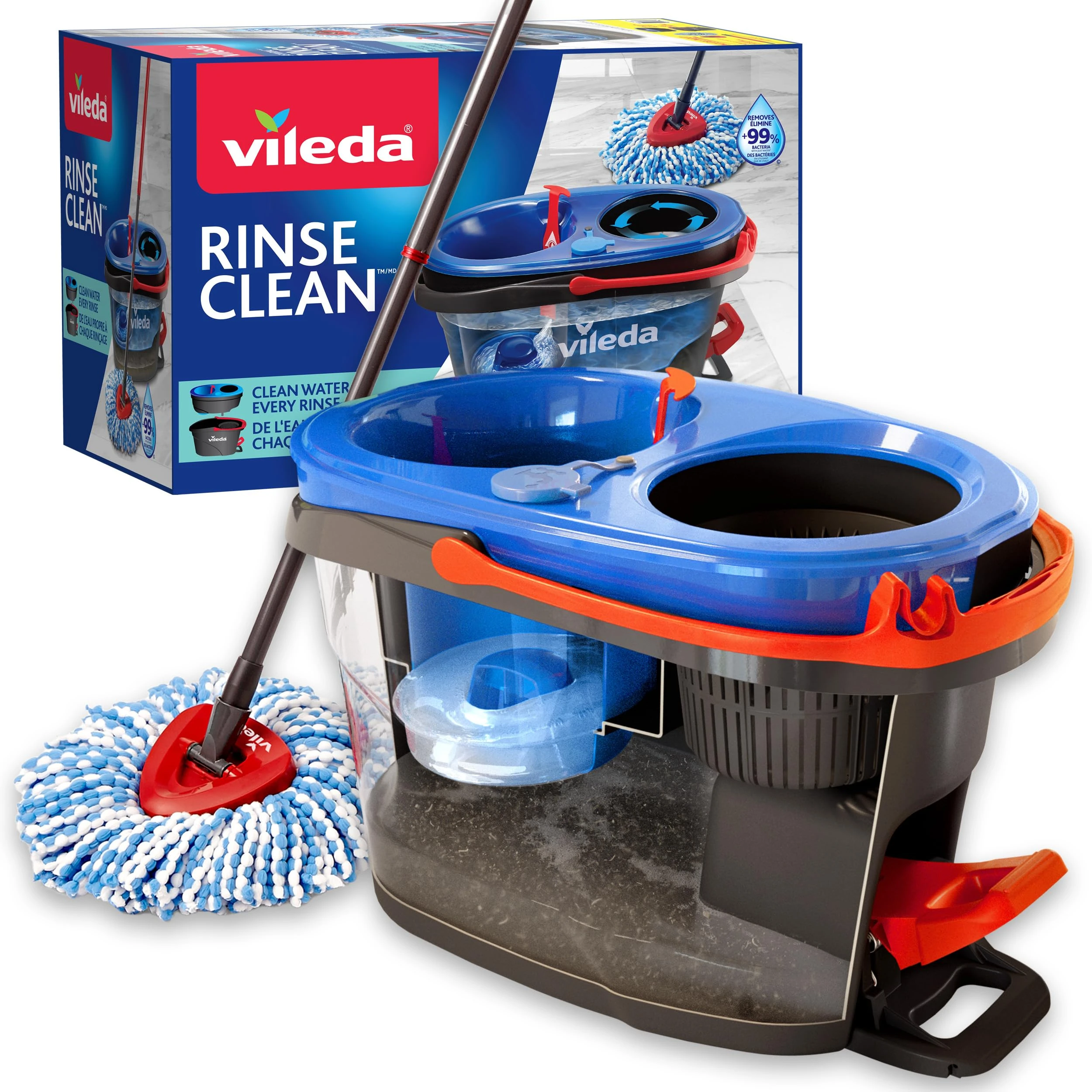Vileda RinseClean Spin Mop System, Separates clean and dirty water, Effortless wringing, Microfibre mop and bucket set