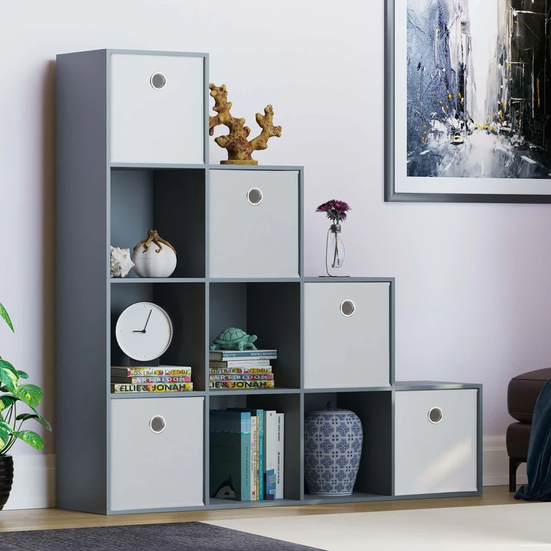 Vida Designs Durham Staircase Bookcase Shelves Storage Organiser Living Room Furniture (10 Cube & 5 White Baskets, Grey)