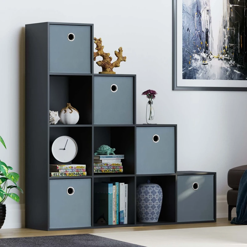 Vida Designs Durham Staircase Bookcase Shelves Storage Organiser Living Room Furniture (10 Cube & 5 Grey Baskets, Black)