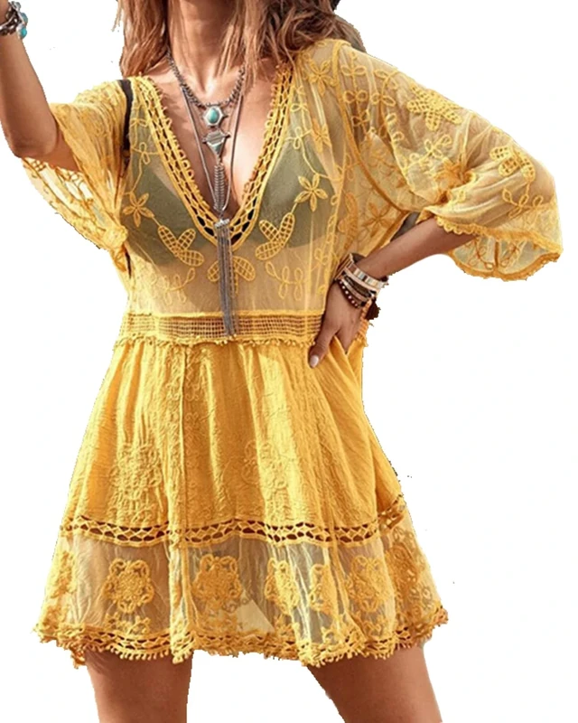 Womens Beach Dresses Crochet Lace Bikini Cover Up See Through Hollow Out Floral Beachwear 3/4 Sleeve