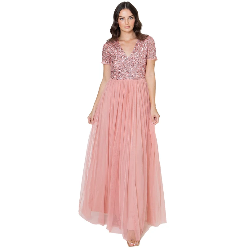 Maya Deluxe Women's Ladies Dress for Wedding Guest Plus Size Empire High Waist Sequins Short Sleeve Evening Bridesmaid, Blossom, 6