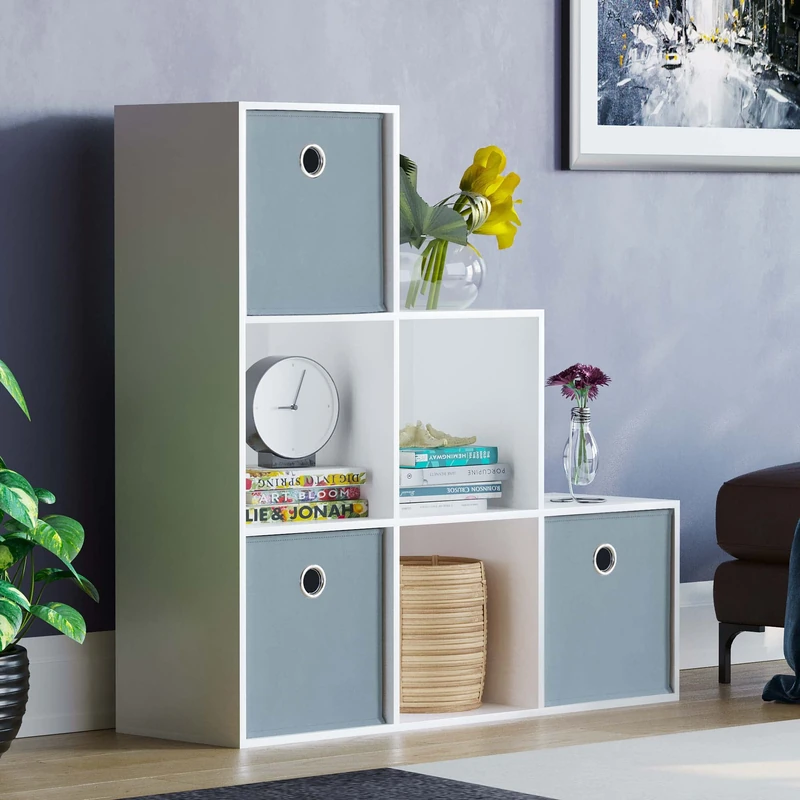 Vida Designs Durham Staircase Bookcase Shelves Storage Organiser Living Room Furniture (6 Cube & 3 Grey Baskets, White)