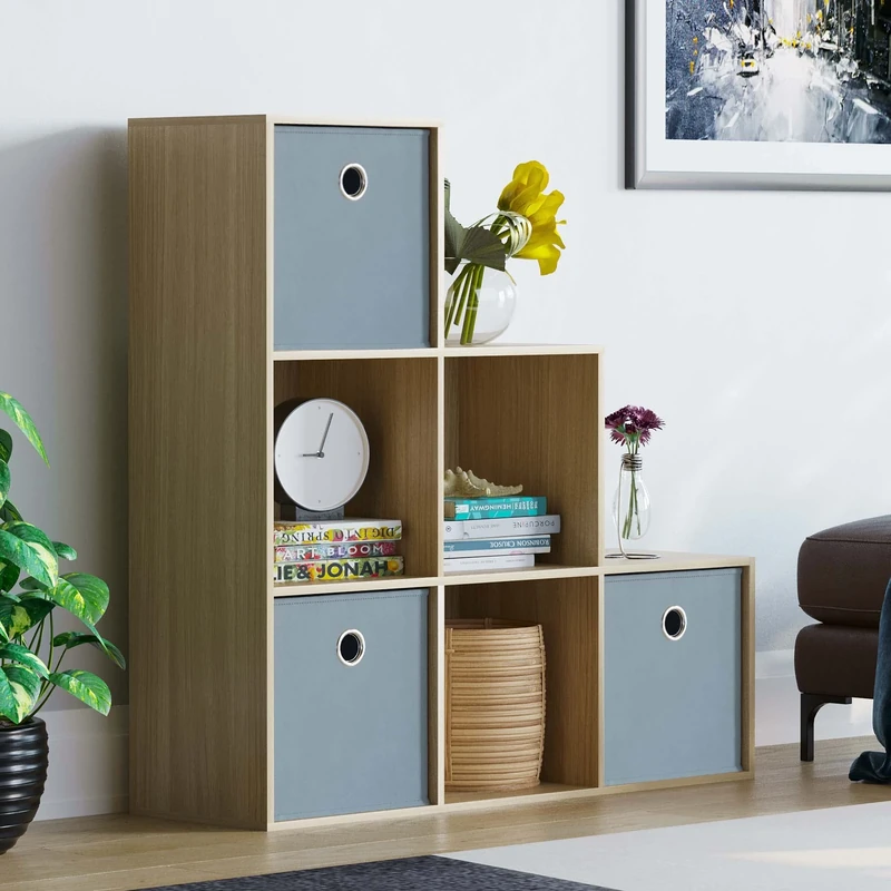 Vida Designs Durham Staircase Bookcase Shelves Storage Organiser Living Room Furniture (6 Cube & 3 Grey Baskets, Oak)