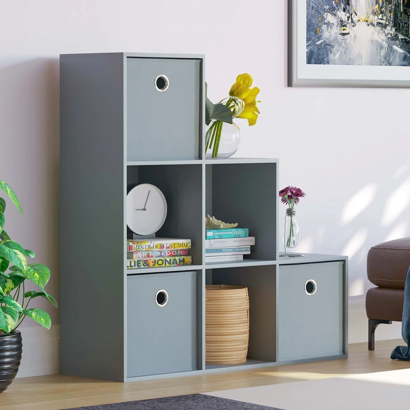 Vida Designs Durham Staircase Bookcase Shelves Storage Organiser Living Room Furniture (6 Cube & 3 Grey Baskets, Grey)
