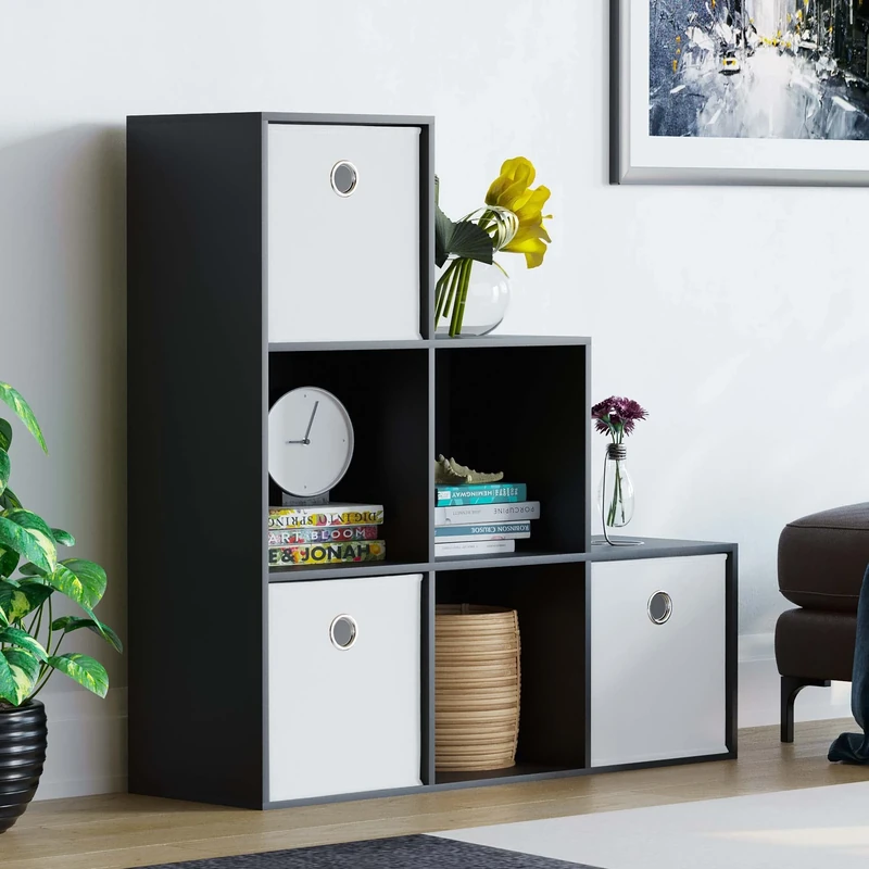 Vida Designs Durham Staircase Bookcase Shelves Storage Organiser Living Room Furniture (6 Cube & 3 White Baskets, Black)