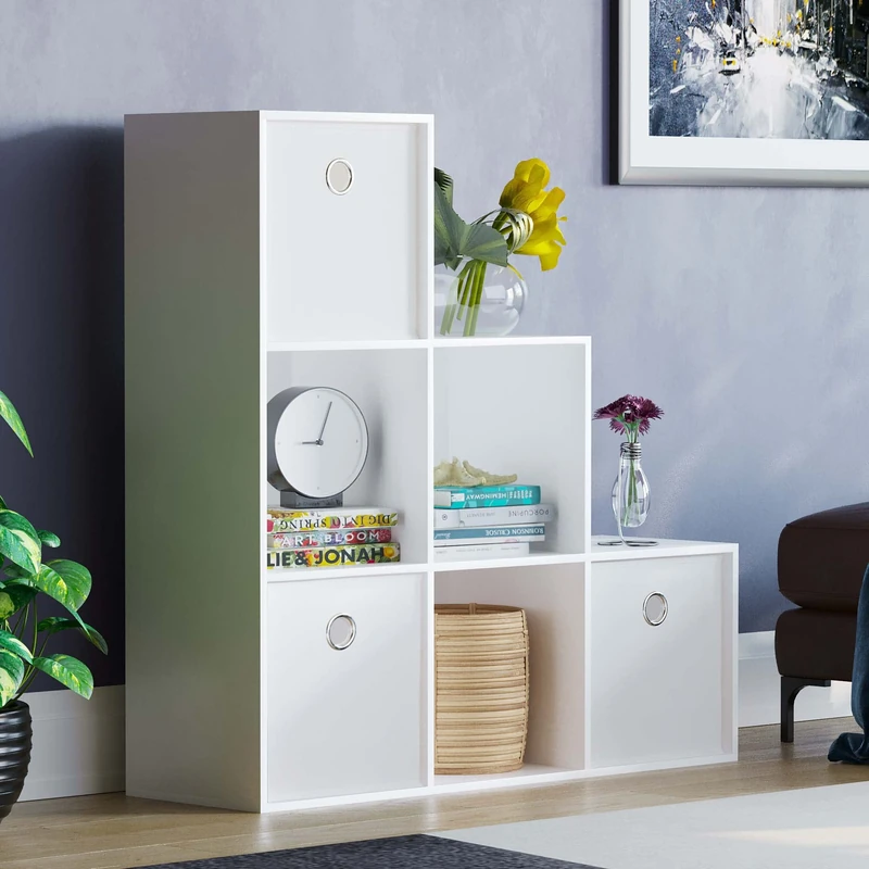 Vida Designs Durham Staircase Bookcase Shelves Storage Organiser Living Room Furniture (6 Cube & 3 White Baskets, White)