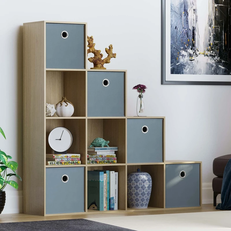 Vida Designs Durham Staircase Bookcase Shelves Storage Organiser Living Room Furniture (10 Cube & 5 Grey Baskets, Oak)