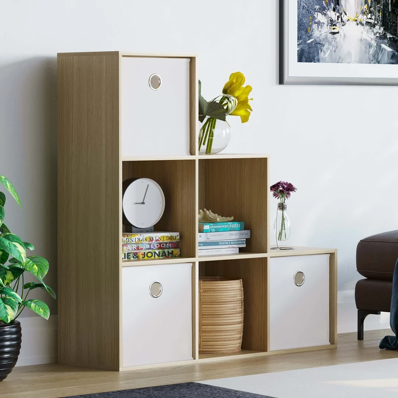 Vida Designs Durham Staircase Bookcase Shelves Storage Organiser Living Room Furniture (6 Cube & 3 White Baskets, Oak)