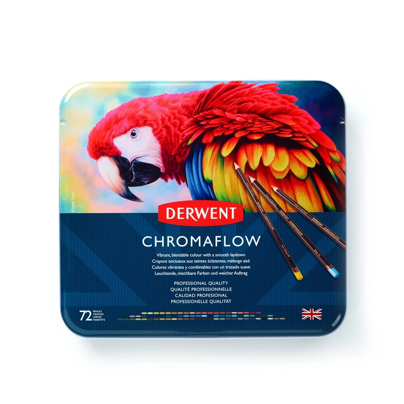 Derwent Chromaflow Pencils, Set of 72 in Tin, 3.5mm Round, Premium Core Strength, Blendable with Smooth Texture, Ideal for Drawing, Colouring & Layering, Professional Quality, 2306014