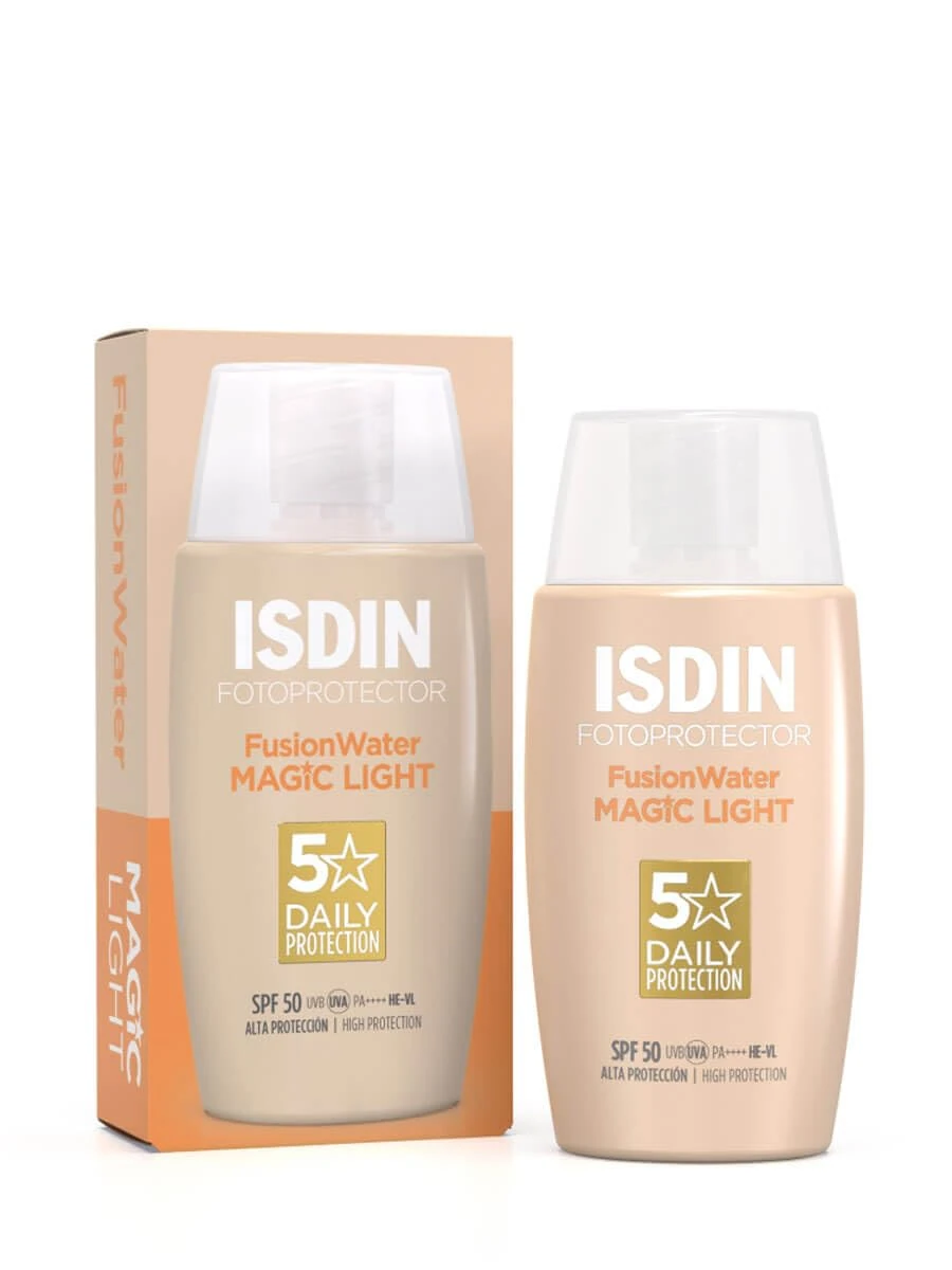 ISDIN Fusion Water Color SPF 50 (Light) 50ml, Tinted daily facial sun cream, Ultra-light texture
