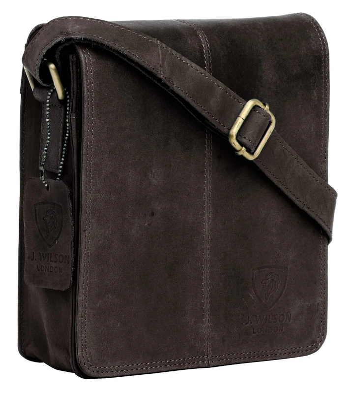 J. Wilson London 100% Pure Genuine Real Vintage Hunter Leather Handmade Mens Leather Flapover Everyday Crossover Shoulder Work Tablet Messenger Bag (Brown Distressed)