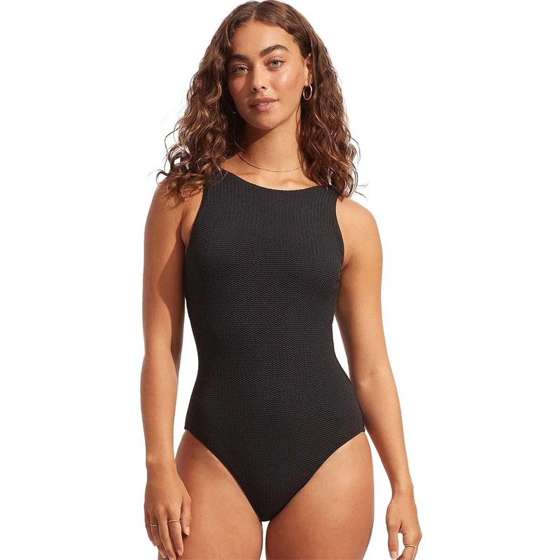 Seafolly Womens High Neck One Piece Swimsuit with Action Back, Sea Dive Black, 10