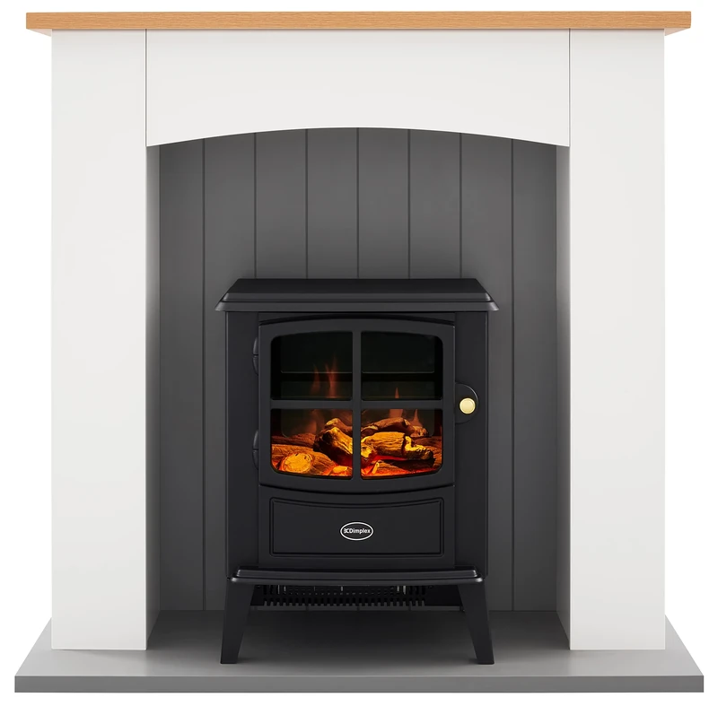 Dimplex Oakmead Optiflame Electric Stove Suite, Black Stove with Logs, Fully Assembled White Surround, Grey Hearth and Wood Mantel, 2KW Heater, Choice of 1000 or 2000W Heat Settings and Remote Control