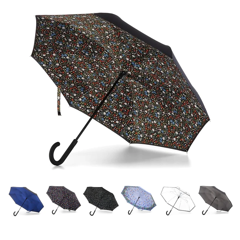 Totes Inbrella Reverse-Close Folding Umbrella, Large Raindrops Blue and Navy - ECO, One Size, InBrella Reverse Auto Close Stick Umbrella with J Hook, Wind & Rainproof