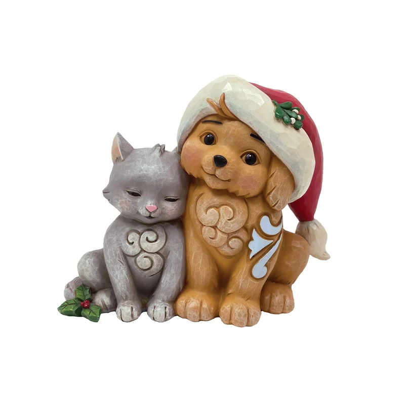 Enesco Jim Shore Heartwood Creek Kitten and Puppy with Santa Hat Figurine, 4.37 Inch, Multicolor - Image 1