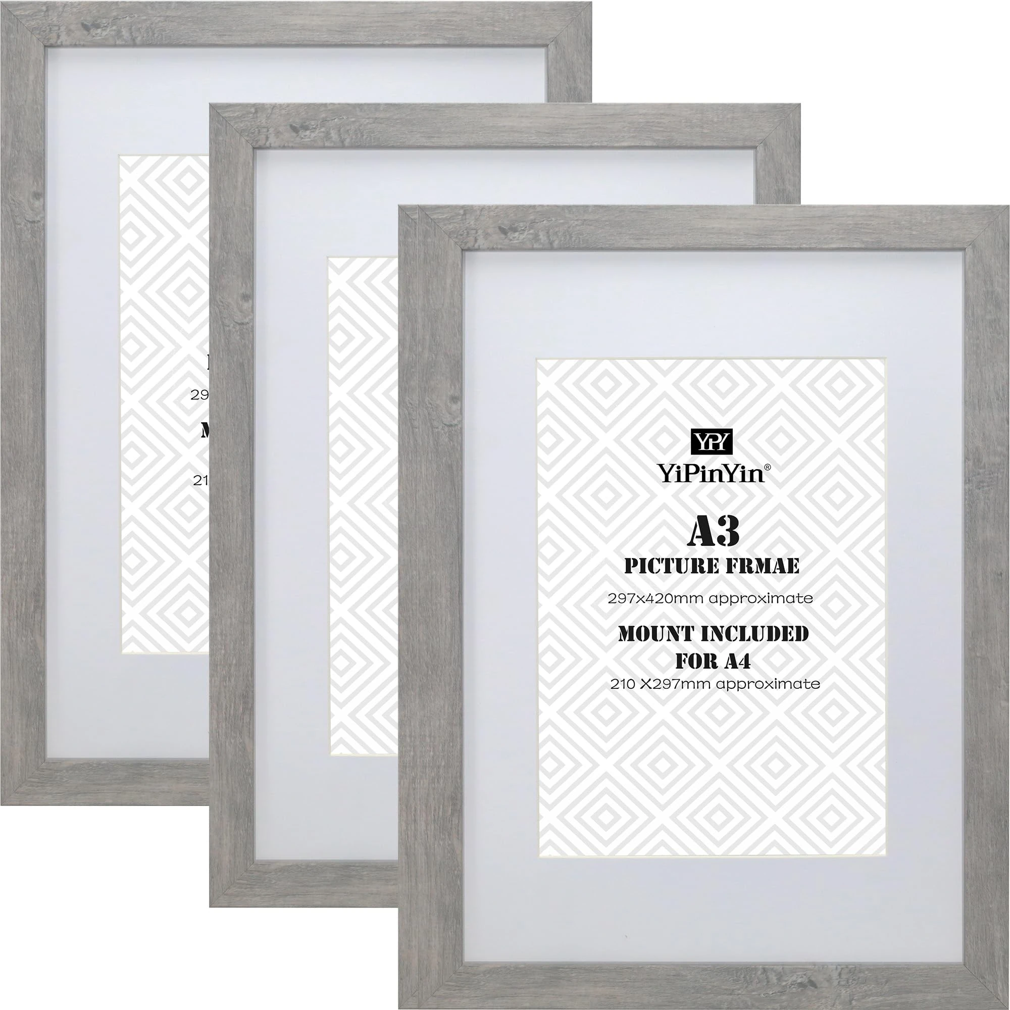A3 Smoke Grey Wood Photo Frame set of 3,with mount for A4，A3 Picture frames 3 Pack With Perspex Front for Wall Display， A4 frames 3 Pack