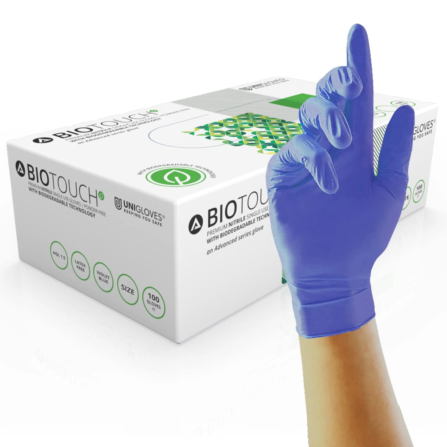 Unigloves BioTouch Nitrile Disposable Gloves - Biodegradable, Multipurpose, Medical Grade Examination Gloves - Box of 100 Gloves, Violet Blue, Large (GM0084)