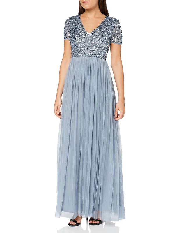 Maya Deluxe Women's Ladies Dress for Wedding Guest Plus Size Empire High Waist Sequins Short Sleeve Evening Bridesmaid, Blue, 20