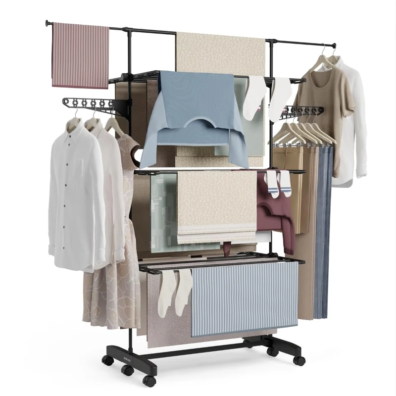 NEWTECK Vertical Drying Rack XXL Fold Care V60 Wheels, Black/White, XX-Large