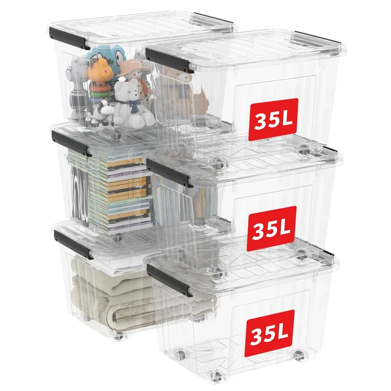 Cetomo 35L*6 Plastic Storage Boxes with Wheels, Lidded Storage Box with Secure Side Latches, PP Nestable and Stackable Clear Organizer for Home, Office, Moving, Transparent, 35L-6 Pack