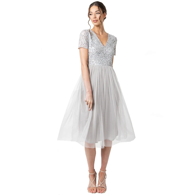 Maya Deluxe Women's Embellished Midi Evening Dress Ladies V Neckline with Short Sleeve for Prom Wedding Bridesmaid, Soft Grey, 6